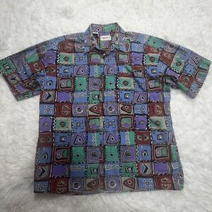Vintage 90s Crazy Print Shirt Mens Medium Short Sleeve Button Up Tribal Aztec